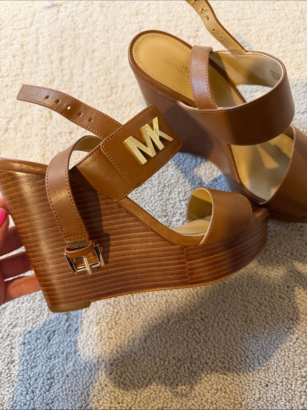 Michael Kors Tan Brown Leather Block Heel Sandals - Picture 2 of 2